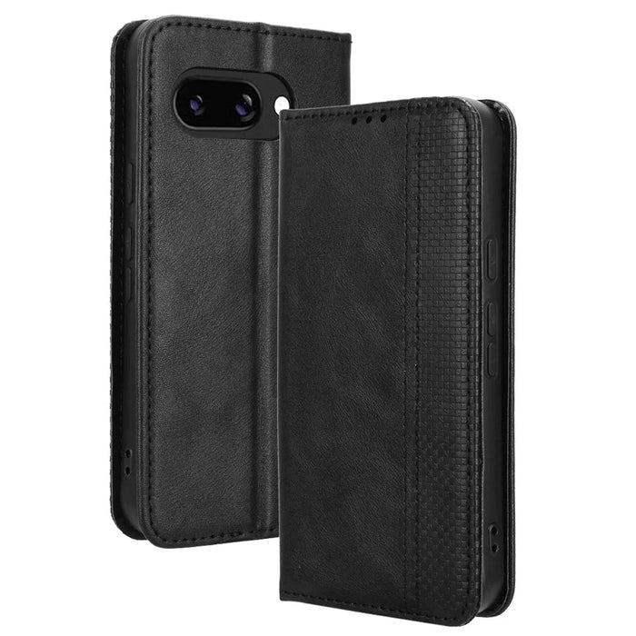 For Google Pixel 9a Leather Case Wallet Stand Retro Texture Phone Cover - Black - 1