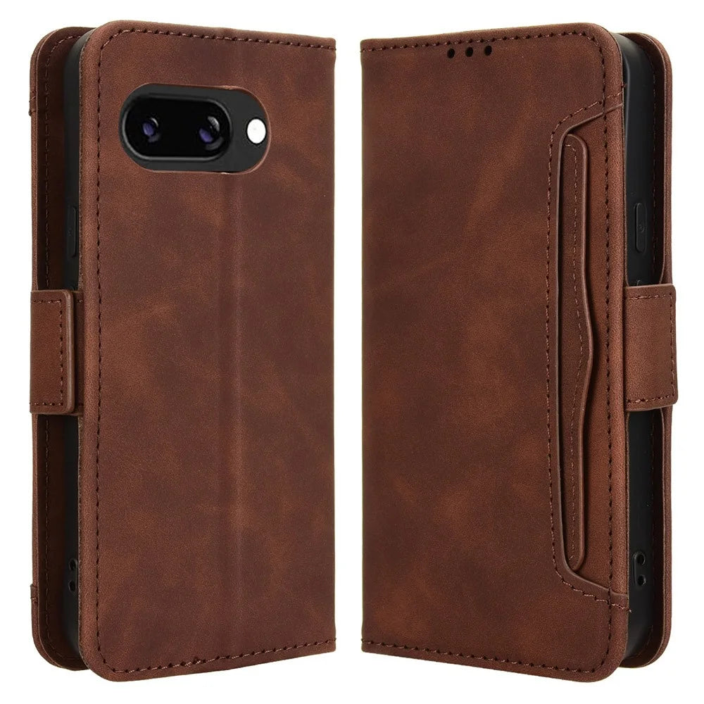 For Google Pixel 9a Leather Case Phone Wallet Cover with Multiple Card Slots - Brown - 1