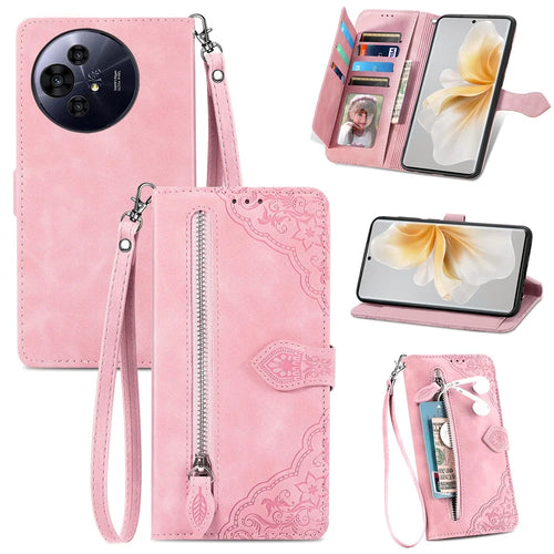 For TCL 50 Pro Nxtpaper 5G Zipper Wallet Case with Strap Flower Imprint PU Leather Phone Cover - Pink - 1