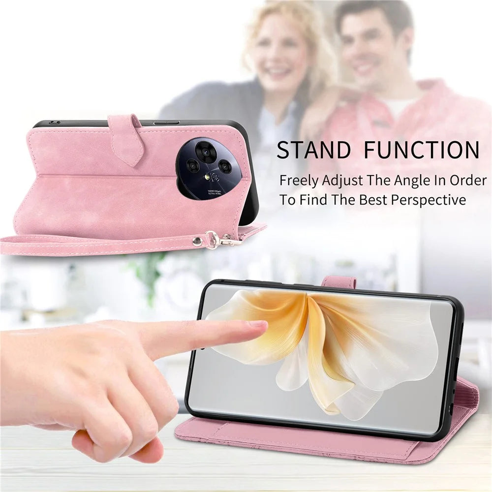 For TCL 50 Pro Nxtpaper 5G Zipper Wallet Case with Strap Flower Imprint PU Leather Phone Cover - Pink - 6