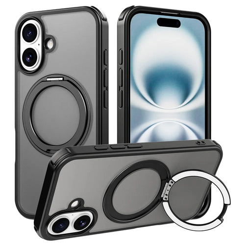 For iPhone 16 Case Compatible with MagSafe Ring Kickstand TPU+PC Back Cover - Black - 1