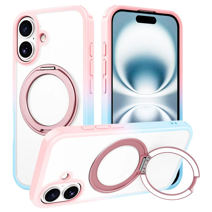 For iPhone 16 Plus Case Compatible with MagSafe Ring Kickstand TPU+PC Back Cover - Gradient Pink Blue - 1