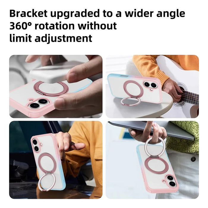 For iPhone 16 Plus Case Compatible with MagSafe Ring Kickstand TPU+PC Back Cover - Gradient Pink Blue - 4