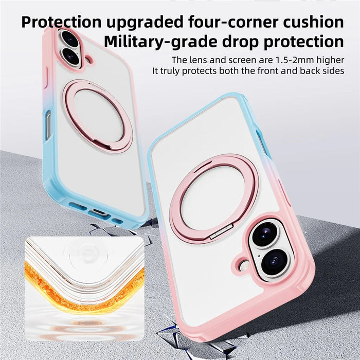For iPhone 16 Plus Case Compatible with MagSafe Ring Kickstand TPU+PC Back Cover - Gradient Pink Blue - 6