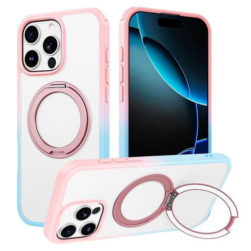 For iPhone 16 Pro Max Case Compatible with MagSafe Ring Kickstand TPU+PC Back Cover - Gradient Pink Blue - 1