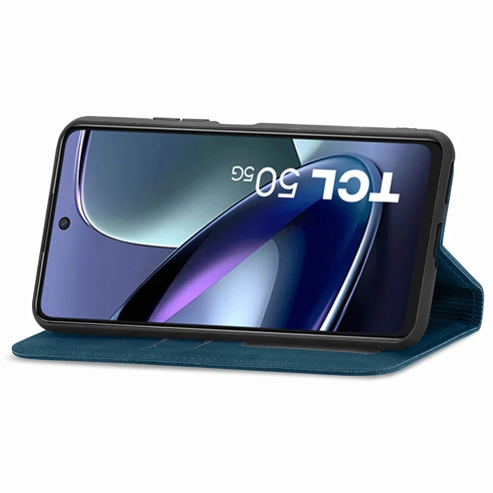 For TCL 50 5G Case Skin Touch Feeling Leather Card Holder Phone Cover Magnetic Absorption - Dark Blue - 3