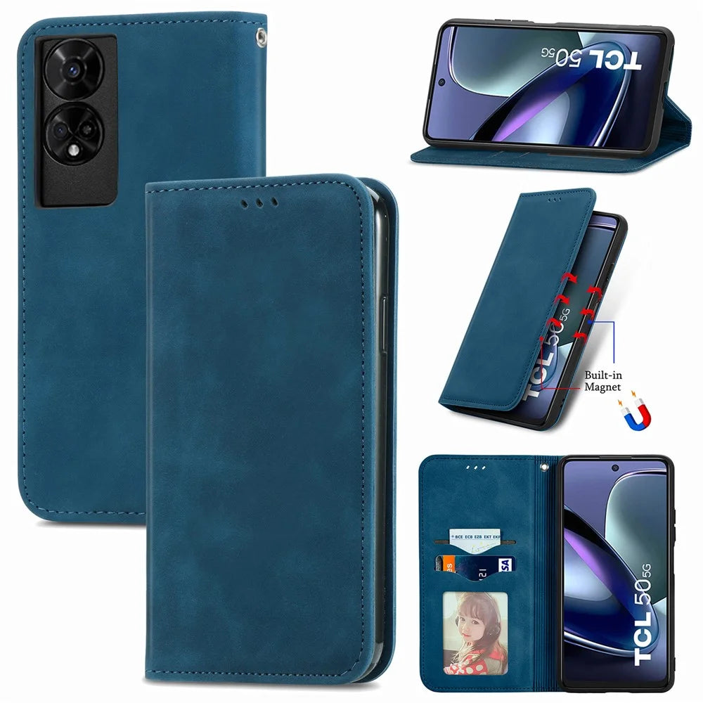 For TCL 50 5G Case Skin Touch Feeling Leather Card Holder Phone Cover Magnetic Absorption - Dark Blue - 6