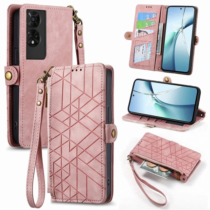 For TCL 50 5G PU Leather Stand Wallet Cover Geometry Imprinted Phone Case - Pink - 1