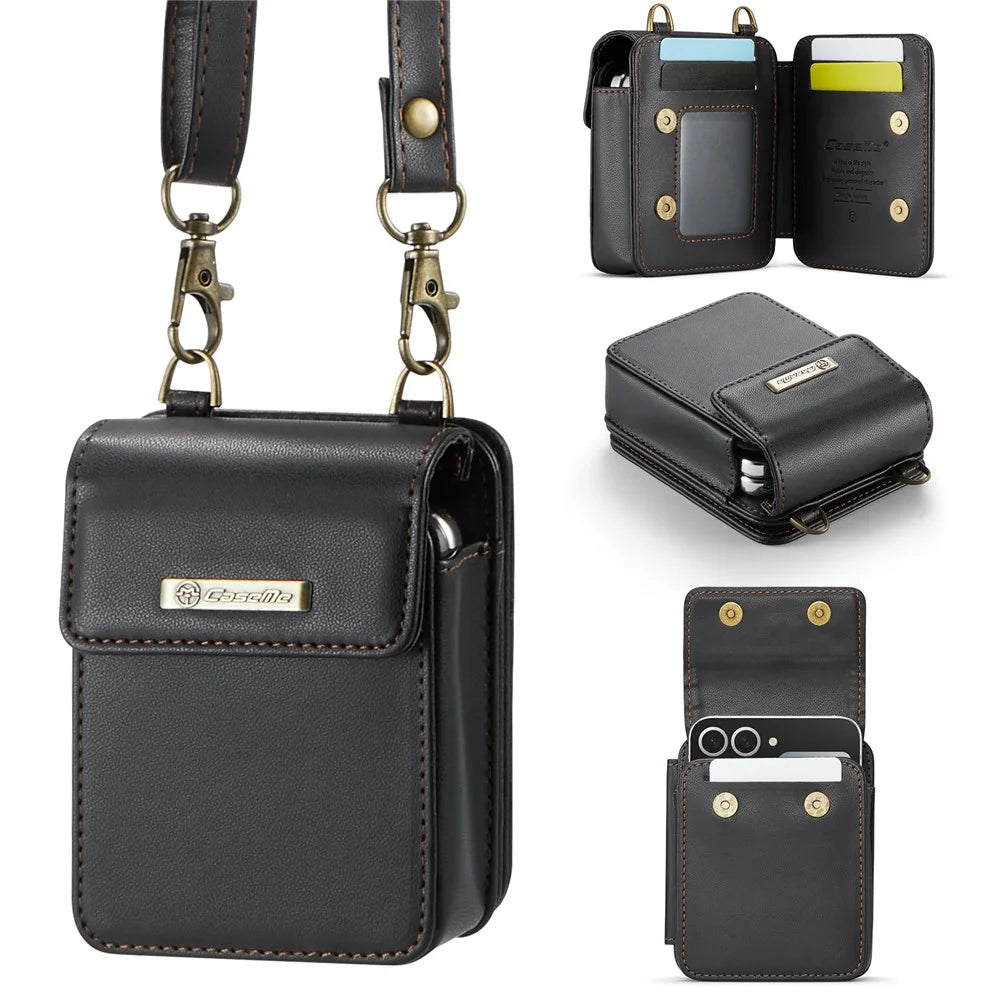 CASEME For Samsung Galaxy Z Flip7 FE 5G / Z Flip7 5G / Z Flip6 5G / Z Flip5 5G Leather Mobile Phone Bag RFID Blocking Wallet Pouch with Strap - Black - 1