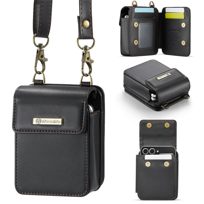 CASEME For Samsung Galaxy Z Flip7 FE 5G / Z Flip7 5G / Z Flip6 5G / Z Flip5 5G Leather Mobile Phone Bag RFID Blocking Wallet Pouch with Strap - Black - 1