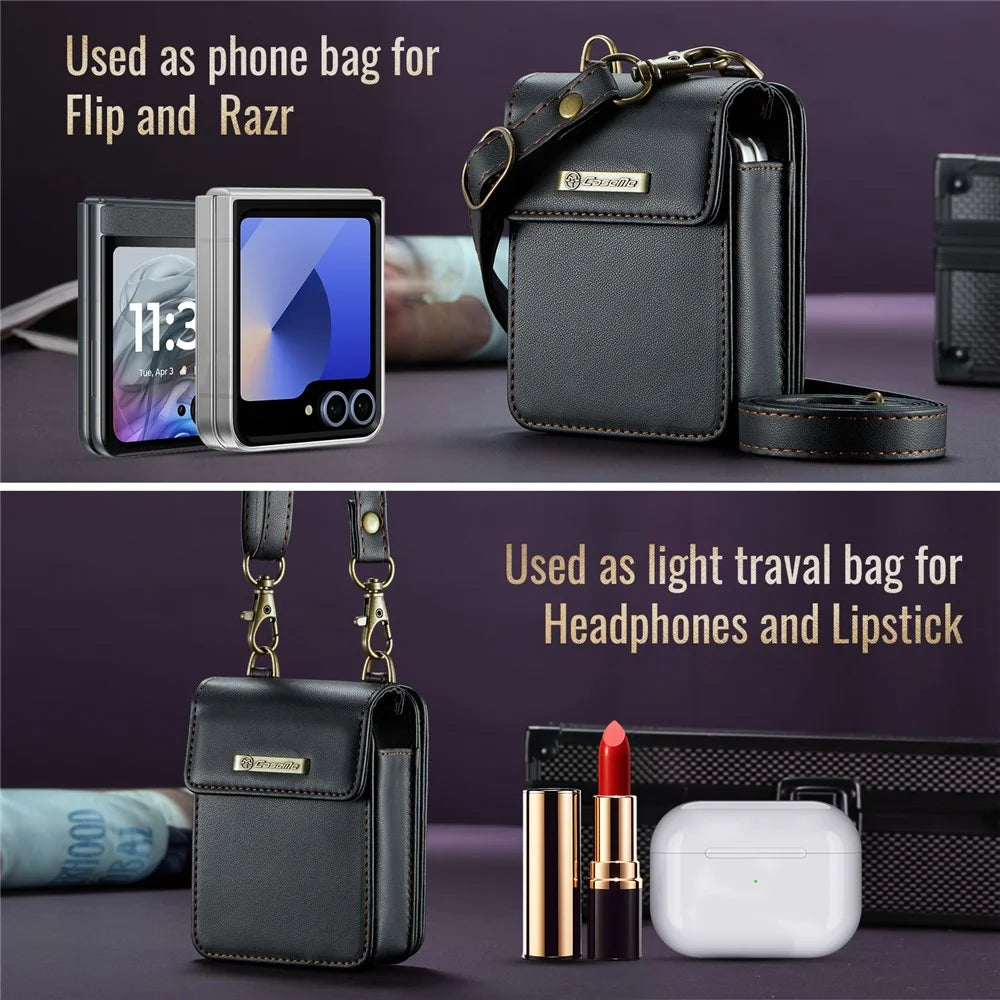 CASEME For Samsung Galaxy Z Flip7 FE 5G / Z Flip7 5G / Z Flip6 5G / Z Flip5 5G Leather Mobile Phone Bag RFID Blocking Wallet Pouch with Strap - Black - 5