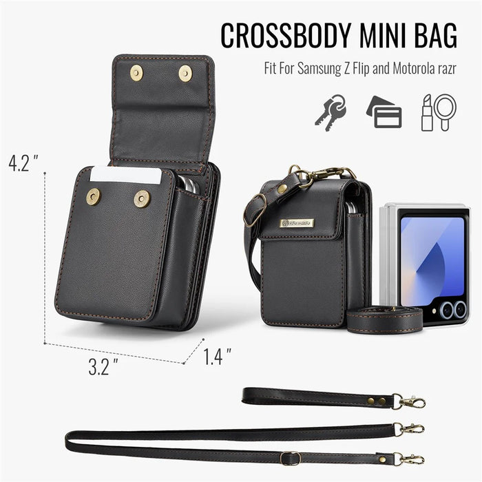 CASEME For Samsung Galaxy Z Flip7 FE 5G / Z Flip7 5G / Z Flip6 5G / Z Flip5 5G Leather Mobile Phone Bag RFID Blocking Wallet Pouch with Strap - Black - 6