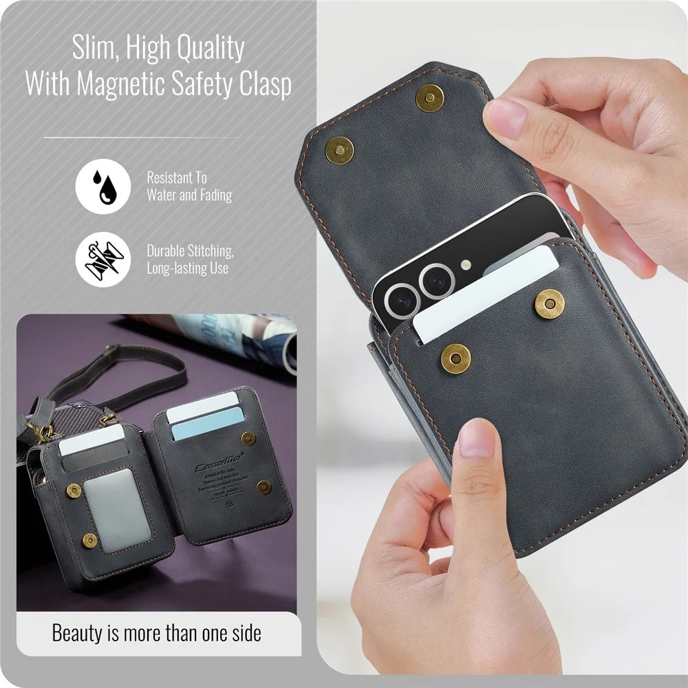 CASEME For Samsung Galaxy Z Flip7 FE 5G / Z Flip7 5G / Z Flip6 5G / Z Flip5 5G Phone Pouch with Strap RFID Blocking Leather Wallet Phone Case - Black - 5