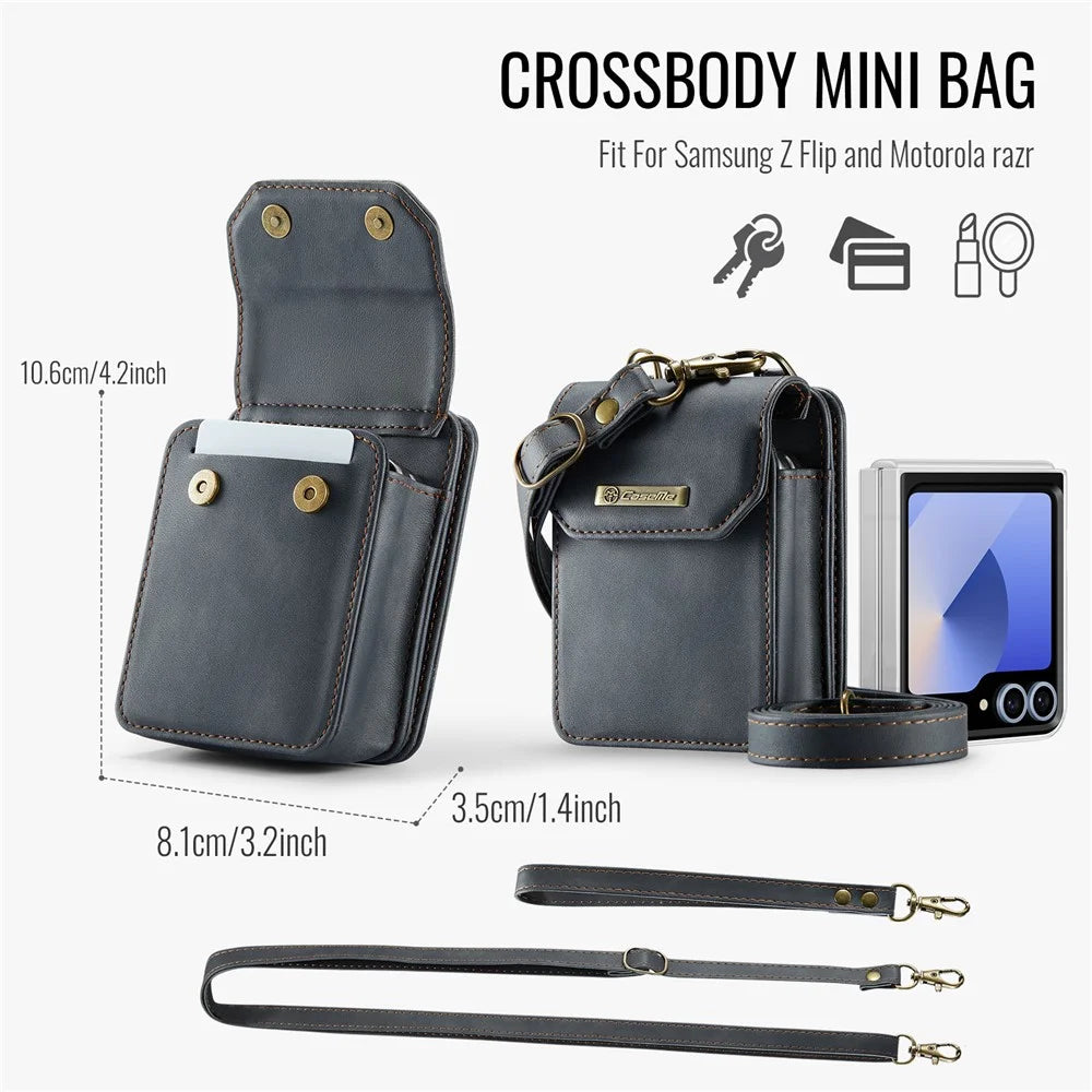 CASEME For Samsung Galaxy Z Flip7 FE 5G / Z Flip7 5G / Z Flip6 5G / Z Flip5 5G Phone Pouch with Strap RFID Blocking Leather Wallet Phone Case - Black - 6