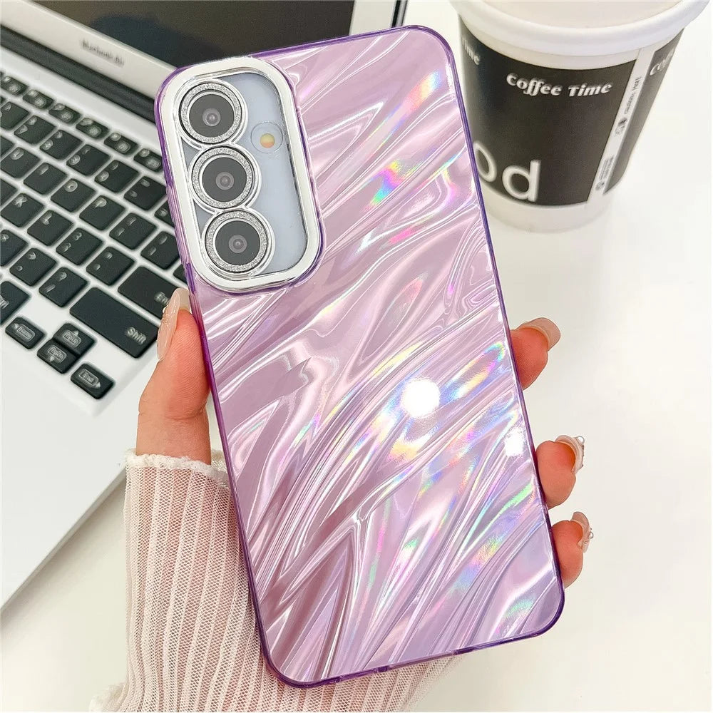 For Samsung Galaxy S25+ Case IMD Design Shockproof PC+TPU Phone Cover with Glass Lens Film - Ripple Pattern / Purple - 2