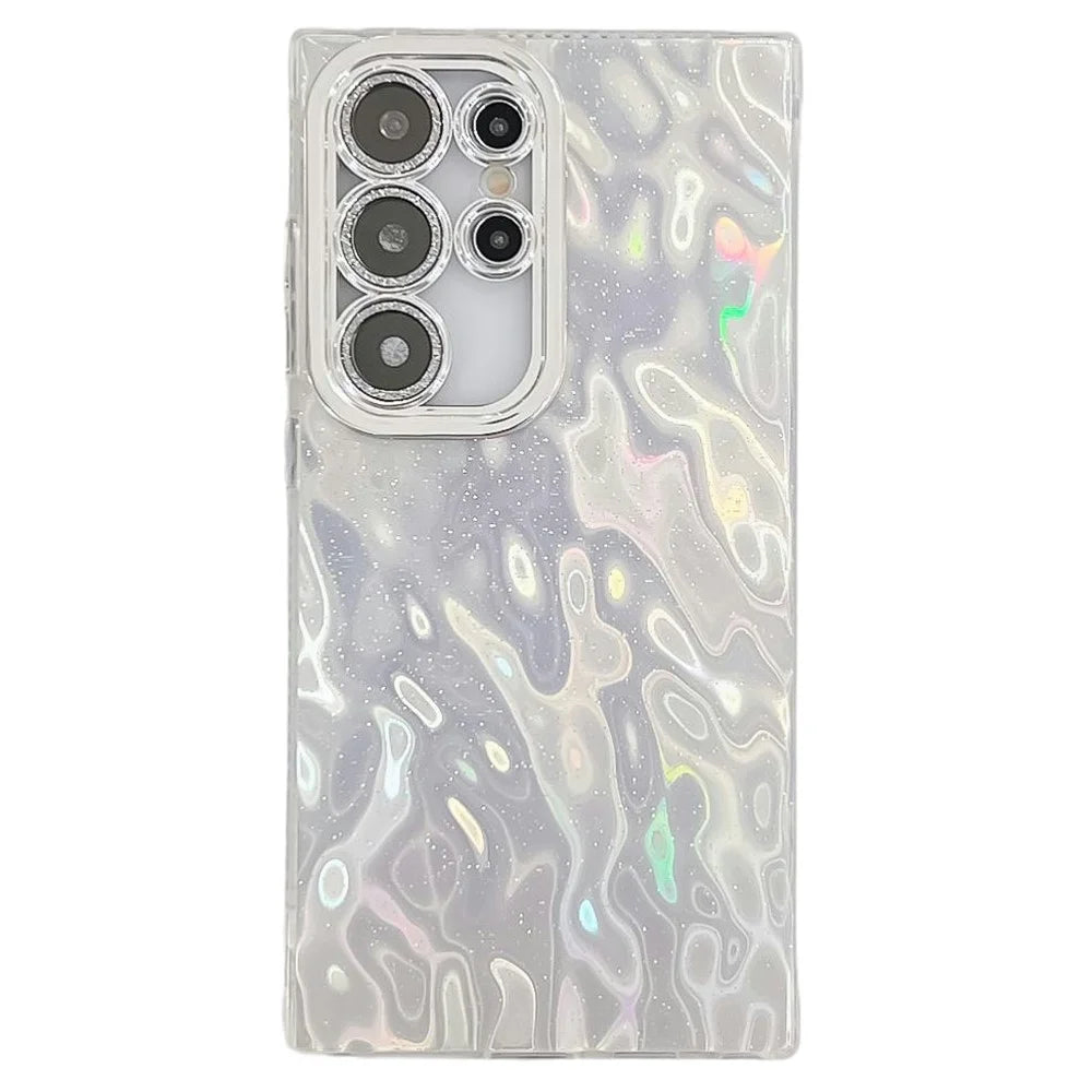 For Samsung Galaxy S25 Ultra Case IMD Design Shockproof PC+TPU Phone Cover with Glass Lens Film - Wrinkle Pattern / Silver - 1