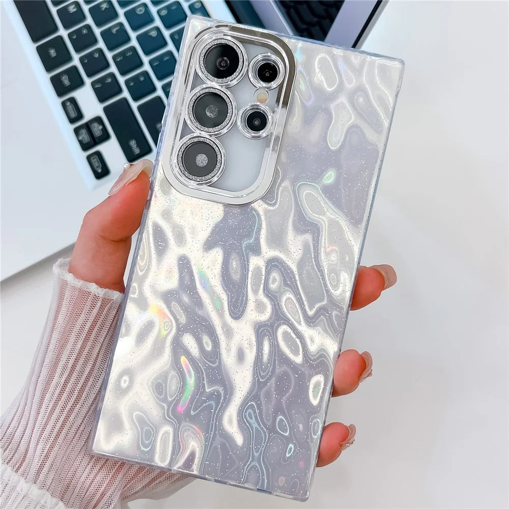 For Samsung Galaxy S25 Ultra Case IMD Design Shockproof PC+TPU Phone Cover with Glass Lens Film - Wrinkle Pattern / Silver - 2