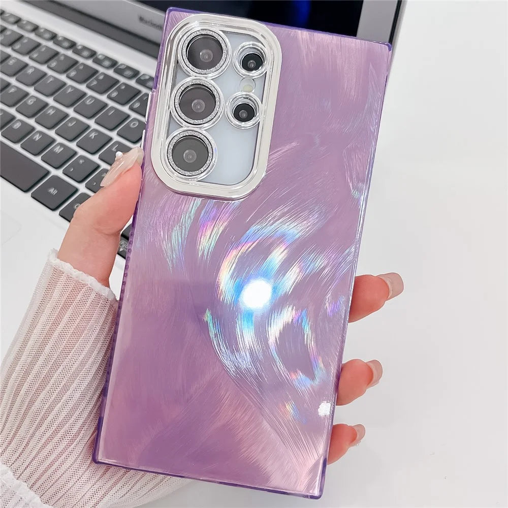 For Samsung Galaxy S24 Ultra Case IMD Design Shockproof PC+TPU Phone Cover with Glass Lens Film - Feather Yarn Pattern / Purple - 2