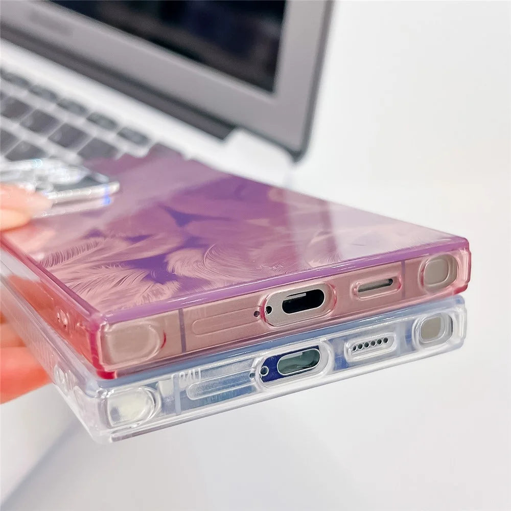 For Samsung Galaxy S24 Ultra Case IMD Design Shockproof PC+TPU Phone Cover with Glass Lens Film - Feather Yarn Pattern / Purple - 5