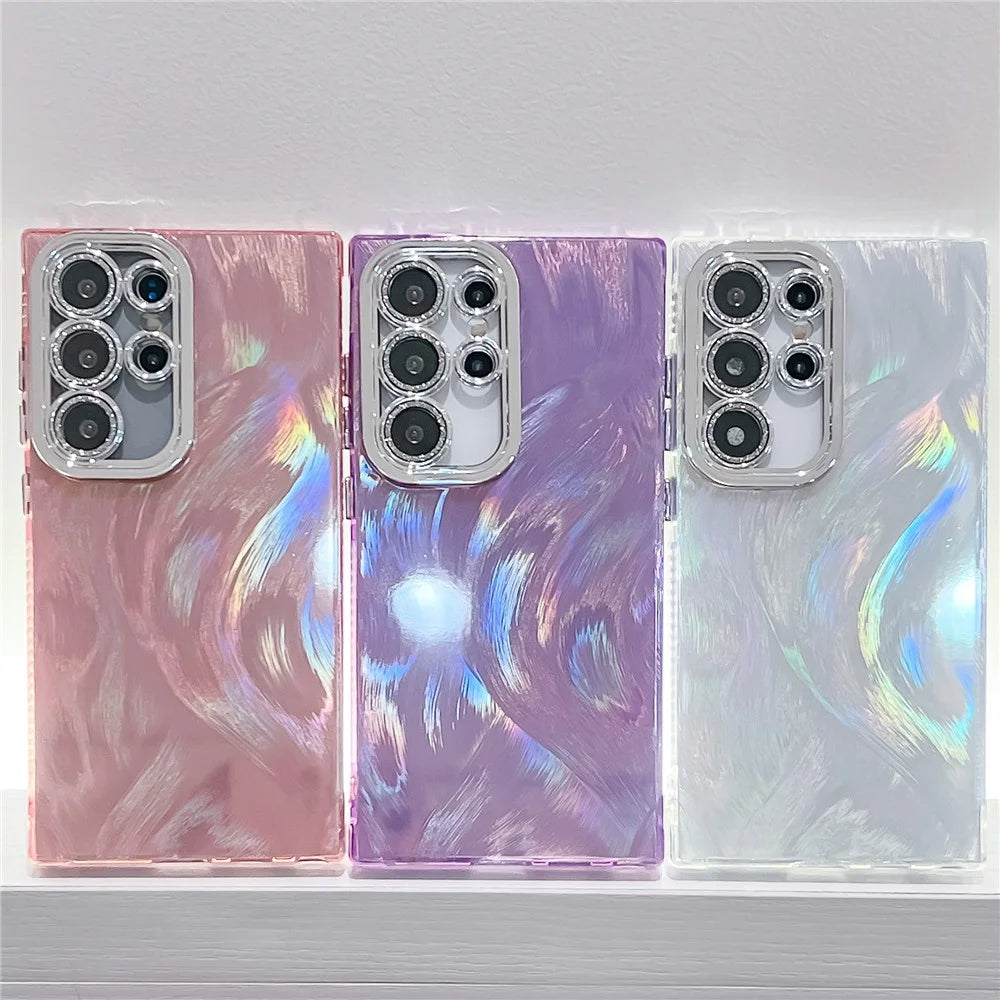 For Samsung Galaxy S24 Ultra Case IMD Design Shockproof PC+TPU Phone Cover with Glass Lens Film - Feather Yarn Pattern / Purple - 6