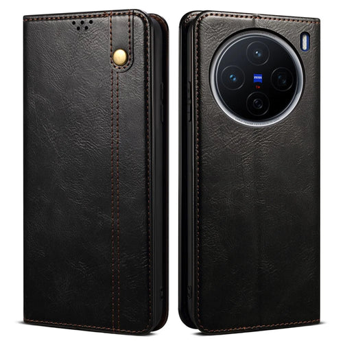 For vivo X200 5G Case Crazy Horse Texture Waxy Leather Wallet Stand Phone Cover - Black - 1