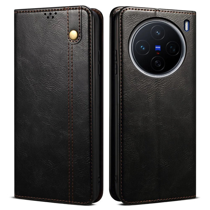 For vivo X200 5G Case Crazy Horse Texture Waxy Leather Wallet Stand Phone Cover - Black - 1