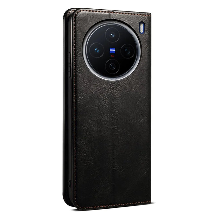 For vivo X200 5G Case Crazy Horse Texture Waxy Leather Wallet Stand Phone Cover - Black - 6
