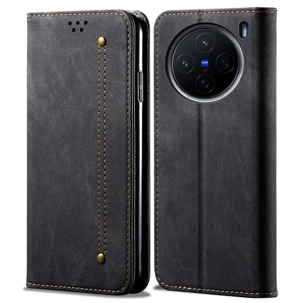 For vivo X200 5G Case Jeans Cloth Texture Anti-Scratch Leather Stand Phone Cover - Black - 1