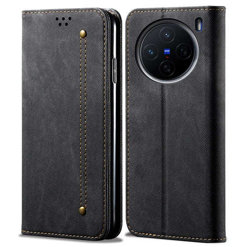 For vivo X200 5G Case Jeans Cloth Texture Anti-Scratch Leather Stand Phone Cover - Black - 1