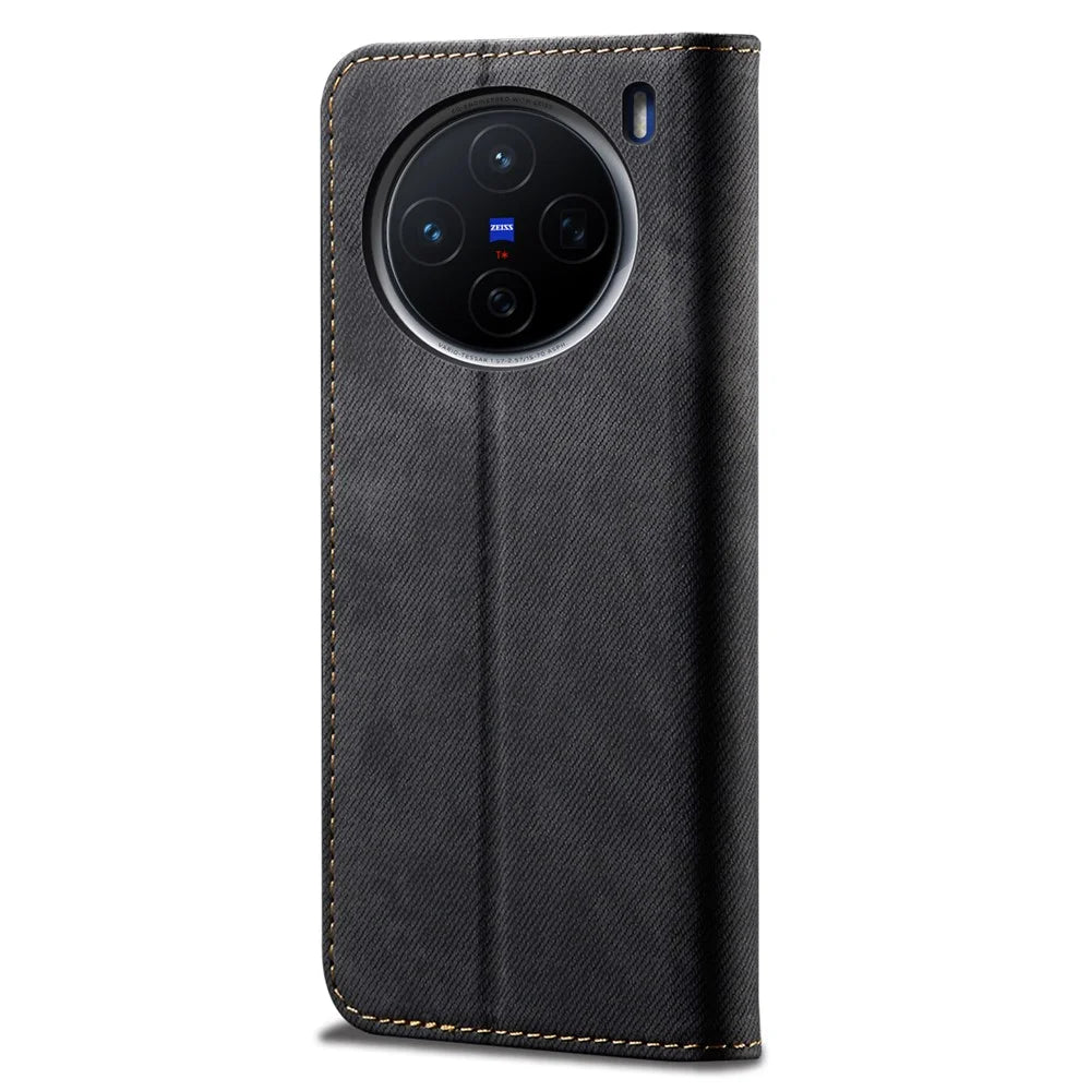 For vivo X200 5G Case Jeans Cloth Texture Anti-Scratch Leather Stand Phone Cover - Black - 5