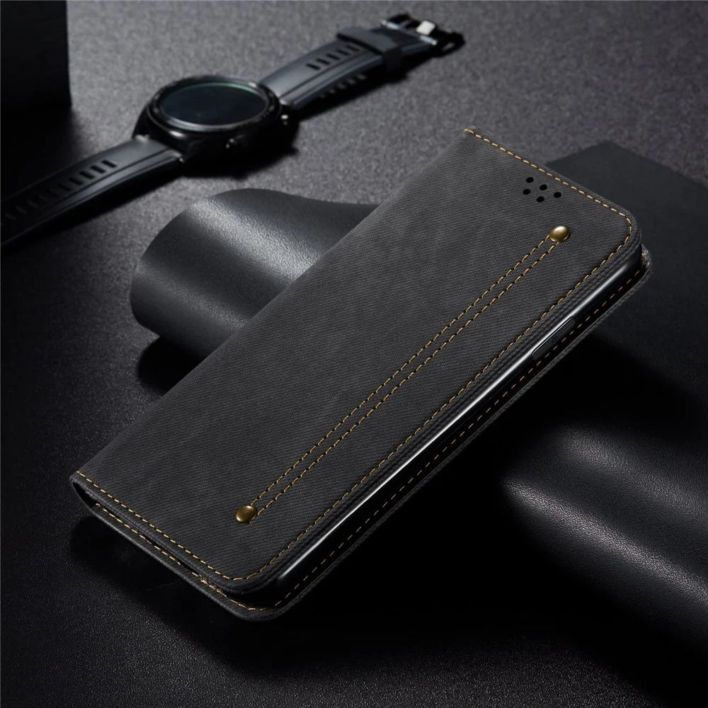 For vivo X200 5G Case Jeans Cloth Texture Anti-Scratch Leather Stand Phone Cover - Black - 6