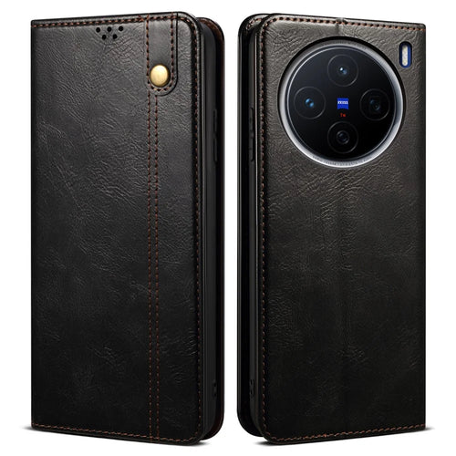 For vivo X200 Pro mini 5G Case Crazy Horse Texture Waxy Leather Wallet Stand Phone Cover - Black - 1