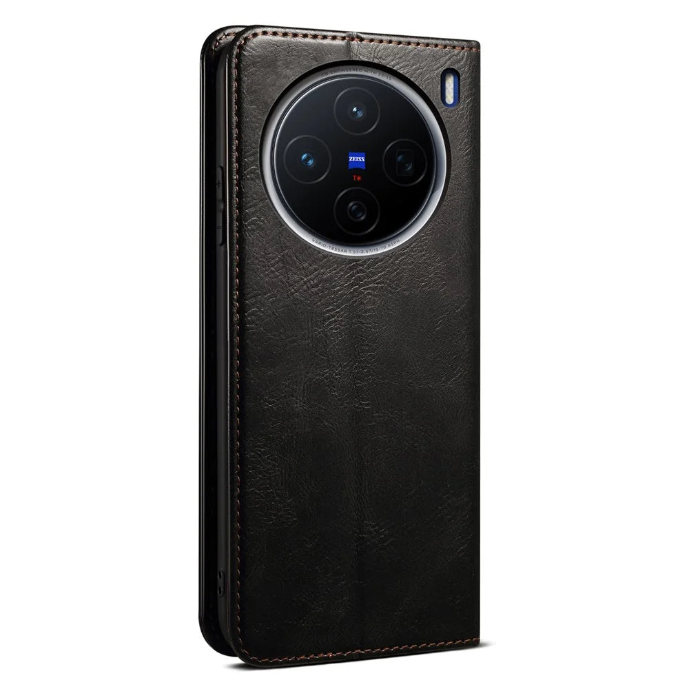 For vivo X200 Pro mini 5G Case Crazy Horse Texture Waxy Leather Wallet Stand Phone Cover - Black - 6