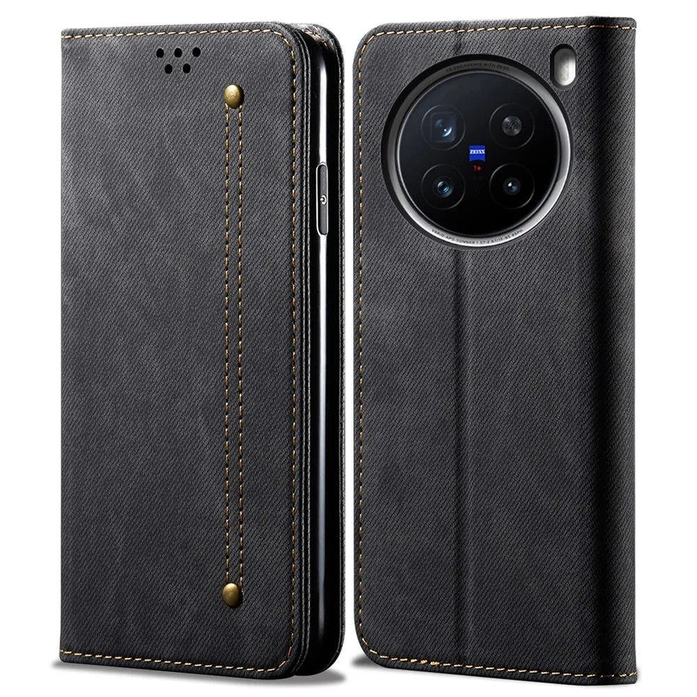 For vivo X200 Pro 5G Case Jeans Cloth Texture Anti-Scratch Leather Stand Phone Cover - Black - 1