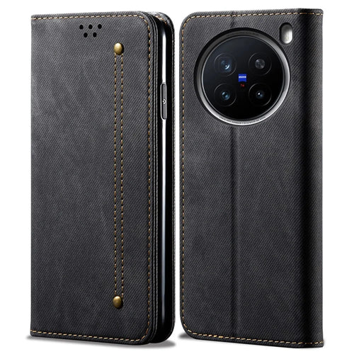 For vivo X200 Pro 5G Case Jeans Cloth Texture Anti-Scratch Leather Stand Phone Cover - Black - 1