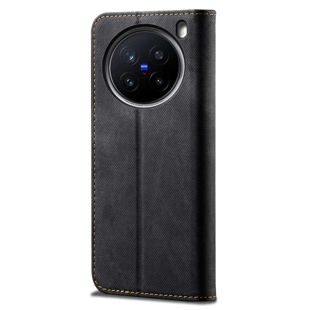 For vivo X200 Pro 5G Case Jeans Cloth Texture Anti-Scratch Leather Stand Phone Cover - Black - 5