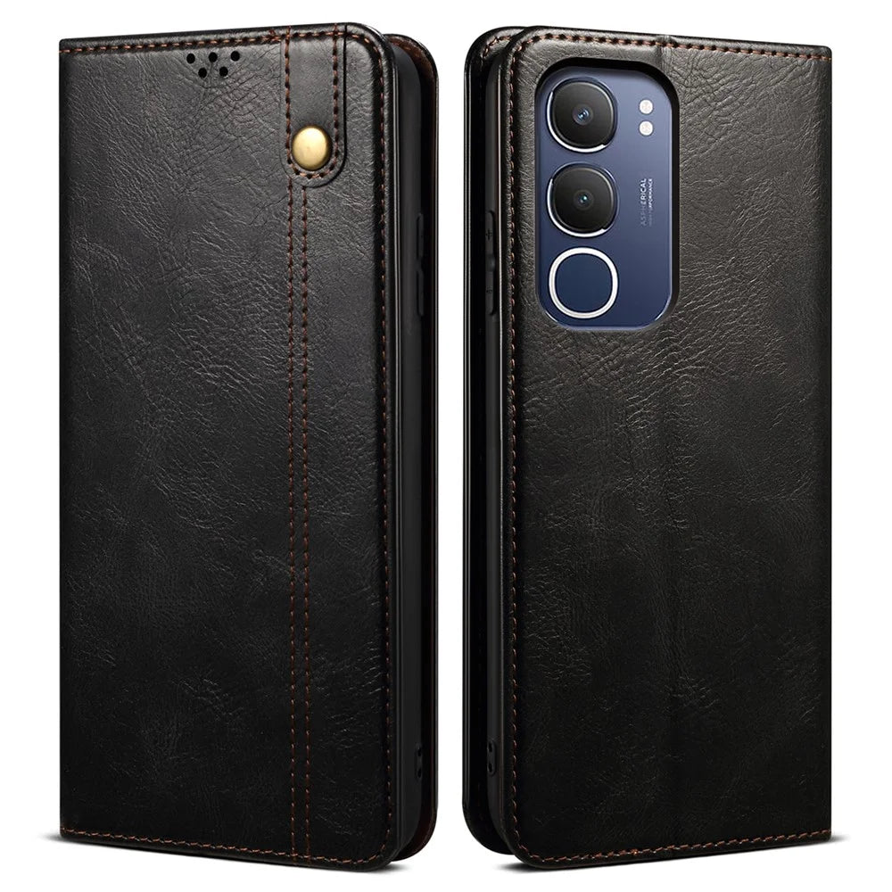 For vivo Y19s 4G Case Crazy Horse Texture Waxy Leather Wallet Stand Phone Cover - Black - 1