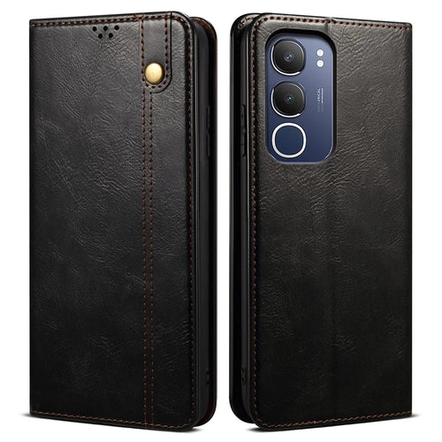 For vivo Y19s 4G Case Crazy Horse Texture Waxy Leather Wallet Stand Phone Cover - Black - 1