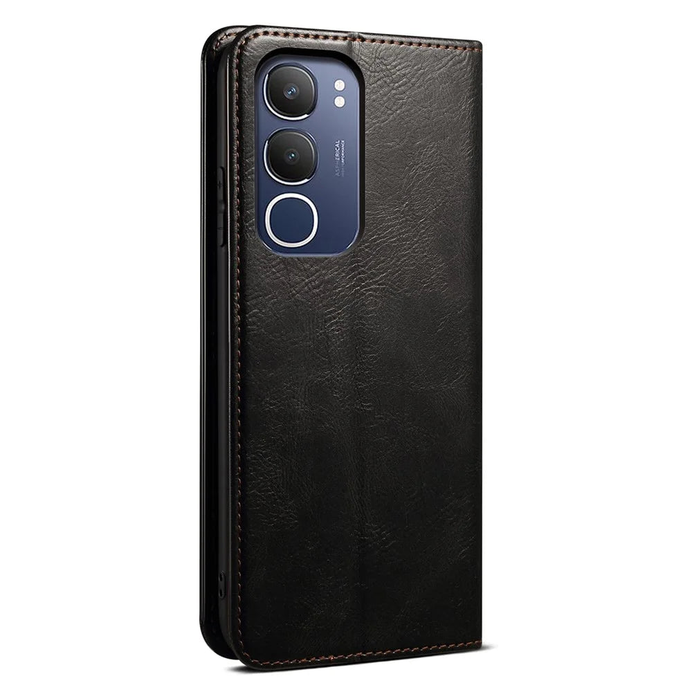 For vivo Y19s 4G Case Crazy Horse Texture Waxy Leather Wallet Stand Phone Cover - Black - 6