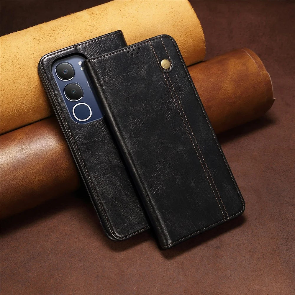 For vivo Y19s 4G Case Crazy Horse Texture Waxy Leather Wallet Stand Phone Cover - Black - 7