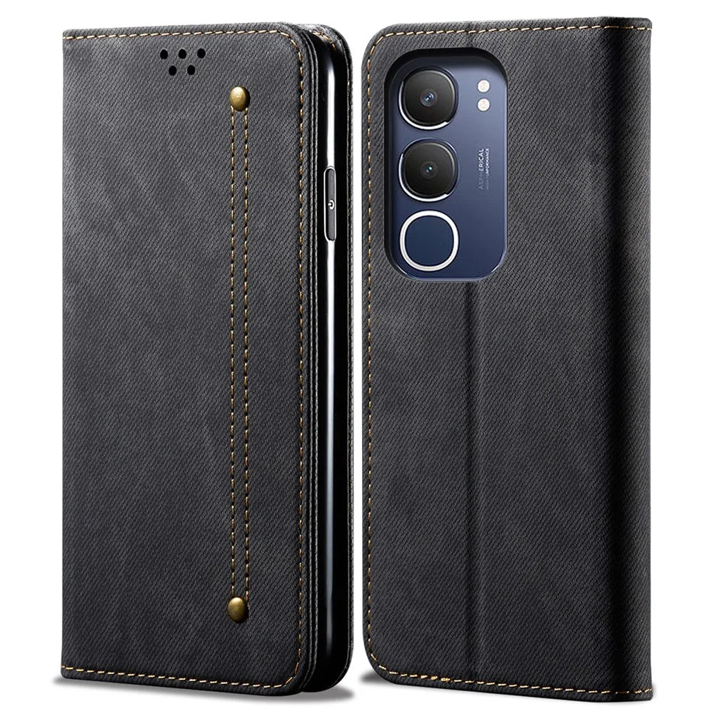 For vivo Y19s 4G Case Jeans Cloth Texture Anti-Scratch Leather Stand Phone Cover - Black - 1