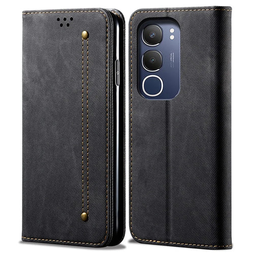 For vivo Y19s 4G Case Jeans Cloth Texture Anti-Scratch Leather Stand Phone Cover - Black - 1