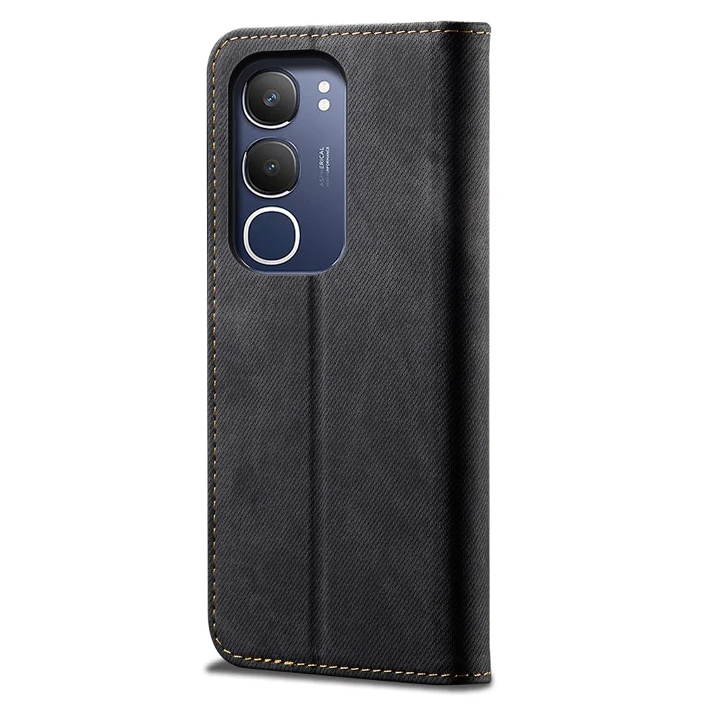 For vivo Y19s 4G Case Jeans Cloth Texture Anti-Scratch Leather Stand Phone Cover - Black - 5