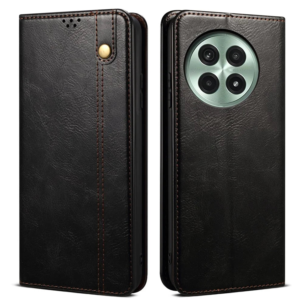 For OnePlus 13 Case Crazy Horse Texture Waxy Leather Wallet Stand Phone Cover - Black - 1