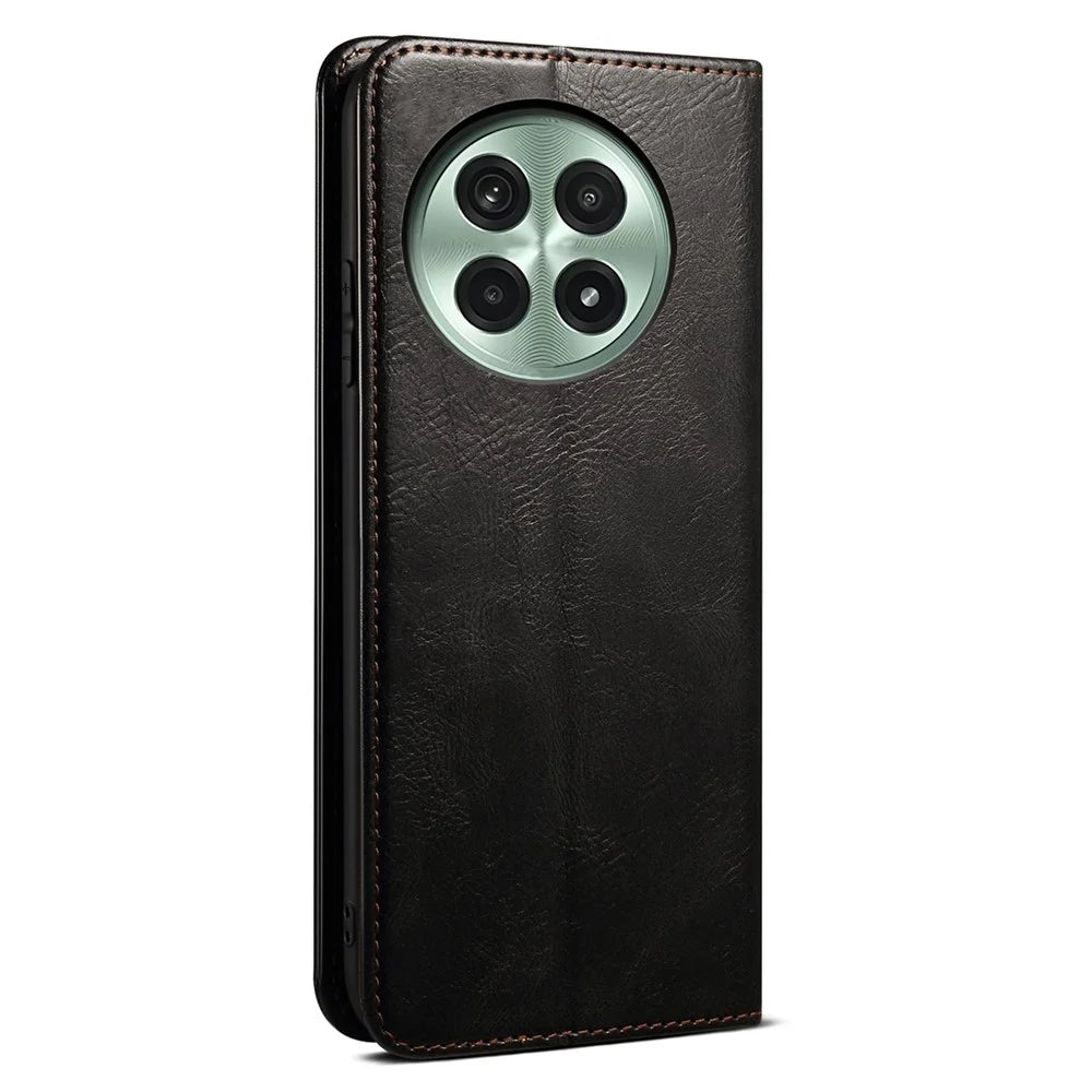 For OnePlus 13 Case Crazy Horse Texture Waxy Leather Wallet Stand Phone Cover - Black - 6