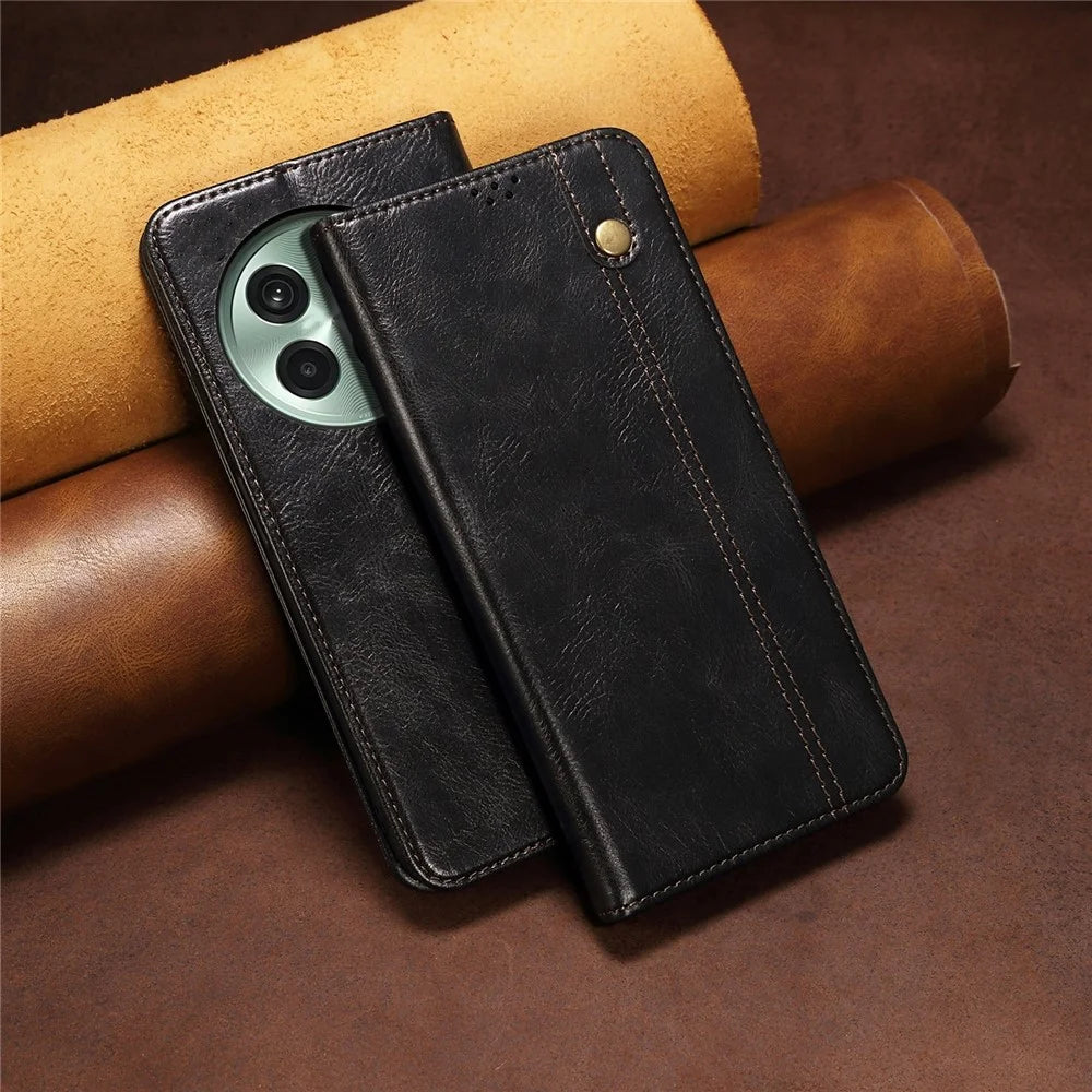 For OnePlus 13 Case Crazy Horse Texture Waxy Leather Wallet Stand Phone Cover - Black - 7