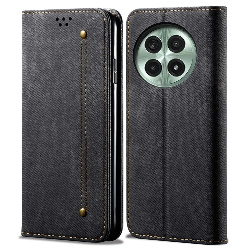 For OnePlus 13 Case Jeans Cloth Texture Anti-Scratch Leather Stand Phone Cover - Black - 1