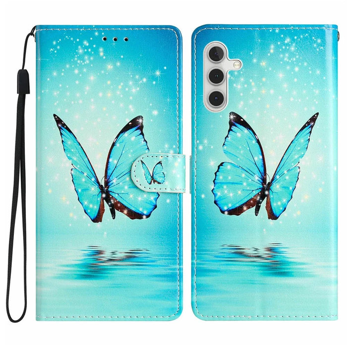 For Samsung Galaxy A36 5G Wallet Case PU Leather Pattern Printing Stand Phone Cover with Strap - Blue Butterfly - 1
