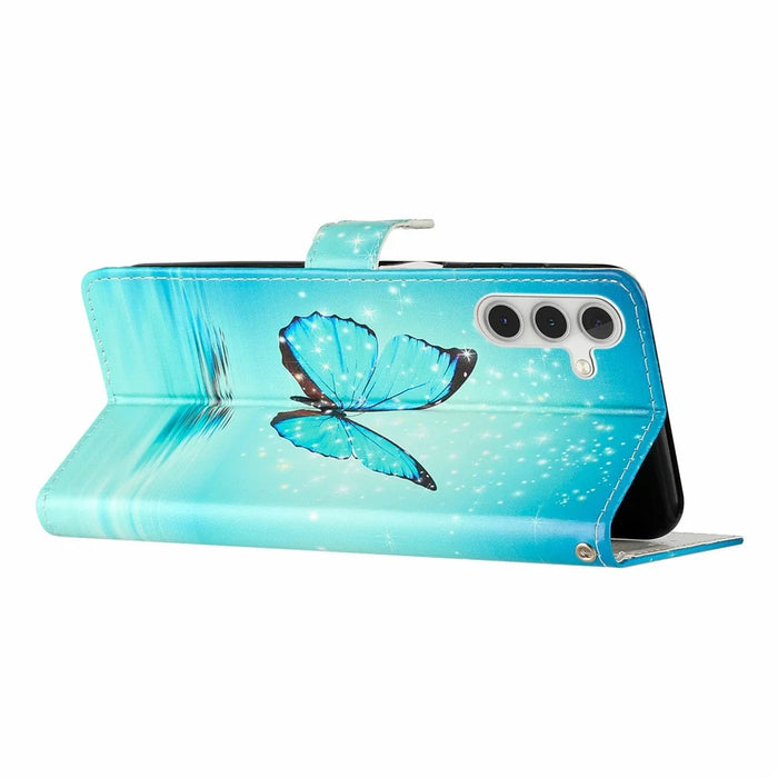 For Samsung Galaxy A36 5G Wallet Case PU Leather Pattern Printing Stand Phone Cover with Strap - Blue Butterfly - 3