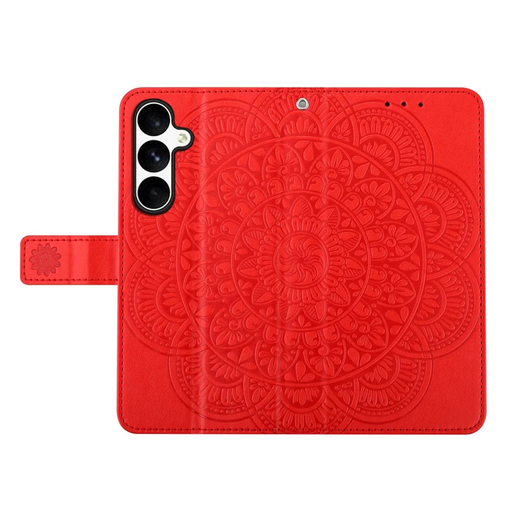 For Samsung Galaxy A36 5G Leather Case with Card Slots Mandala Pattern Phone Cover Stand - Red - 5